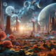 alien planet with unique flora and fauna, strange rock formations, and a sky filled with m
