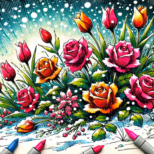 Roses and Tulips on Snow
