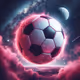 a photo realistic soccer ball as a planet in space with pink smoke and explosions, with 2
