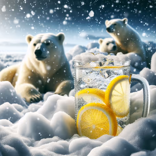 realistic image of a cold glass of lemonade chilling in a pile of snow, polar bears in the