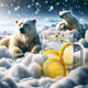 realistic image of a cold glass of lemonade chilling in a pile of snow, polar bears in the