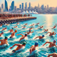 "Vibrance of Baku: Swimmers in the Bay"