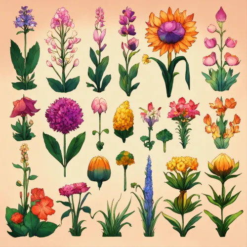 Information sheet with different fantasy flowers and plants