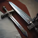 А sword made of steel with the engraving of a knight