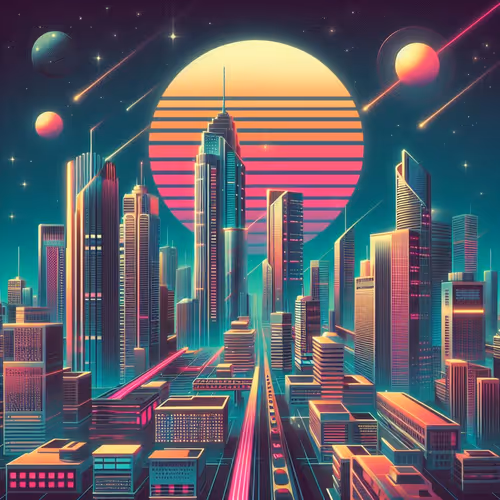 retro-futuristic cityscape reminiscent of the 1980s.