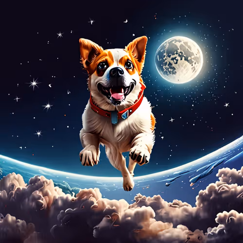 The dog is flying into space