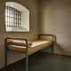 A single cell in a central prison, with a small window and a cot.