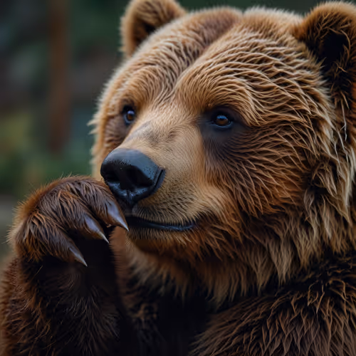 smiling grizzly bear with striking blue eyes