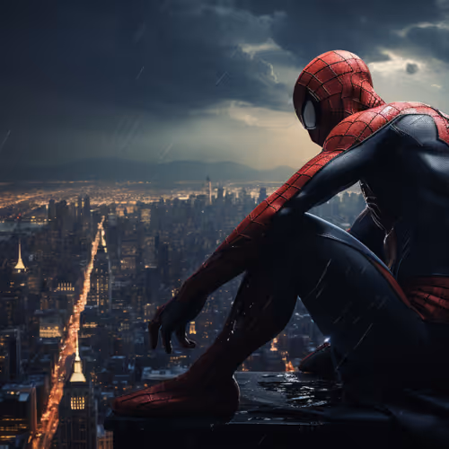 A man in a garment sitting on a ledge looking at a city.