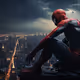 A man in a garment sitting on a ledge looking at a city.