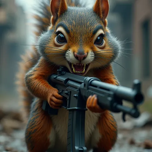 An evil squirrel with a machine gun