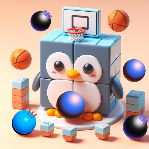 Penguin plays basketball