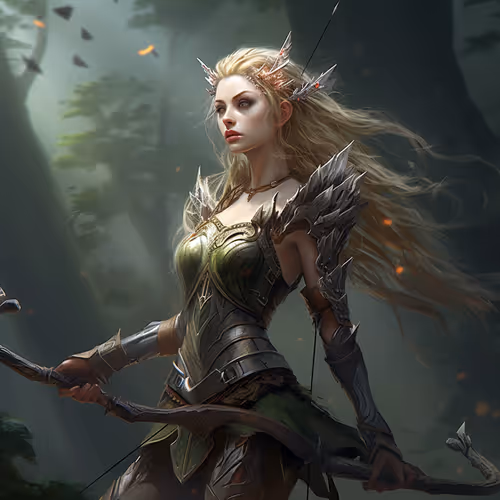 A woman in armor holding a bow and arrow.
